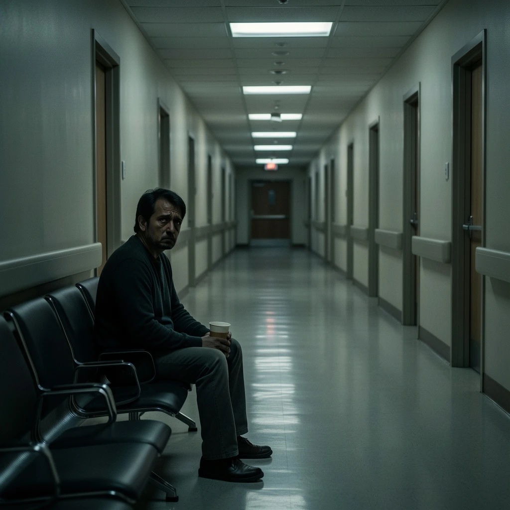 A cinematic drama still of an adult sitting alone in a quiet hospital corridor at night, vending machine light, empty chairs, paper cup in hand, long fluorescent hallway, tired expression, emotional uncertainty, realistic film photography, muted colors, shallow depth of field, ultra-detailed