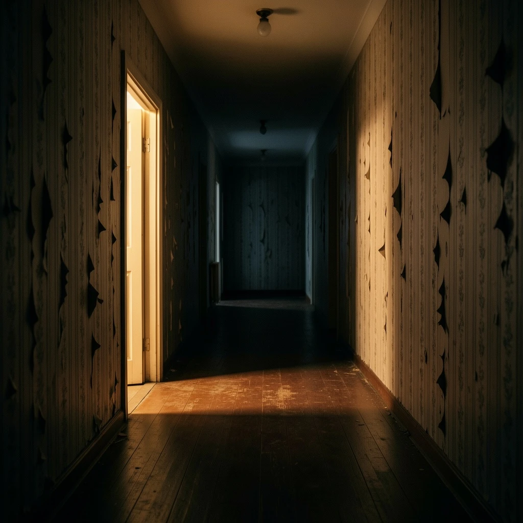 A cinematic suspense still of an old apartment hallway at night, one door left slightly open, warm light spilling onto the dark floor, peeling wallpaper, long shadows, quiet tension, realistic film photography, dramatic atmosphere, ultra-detailed