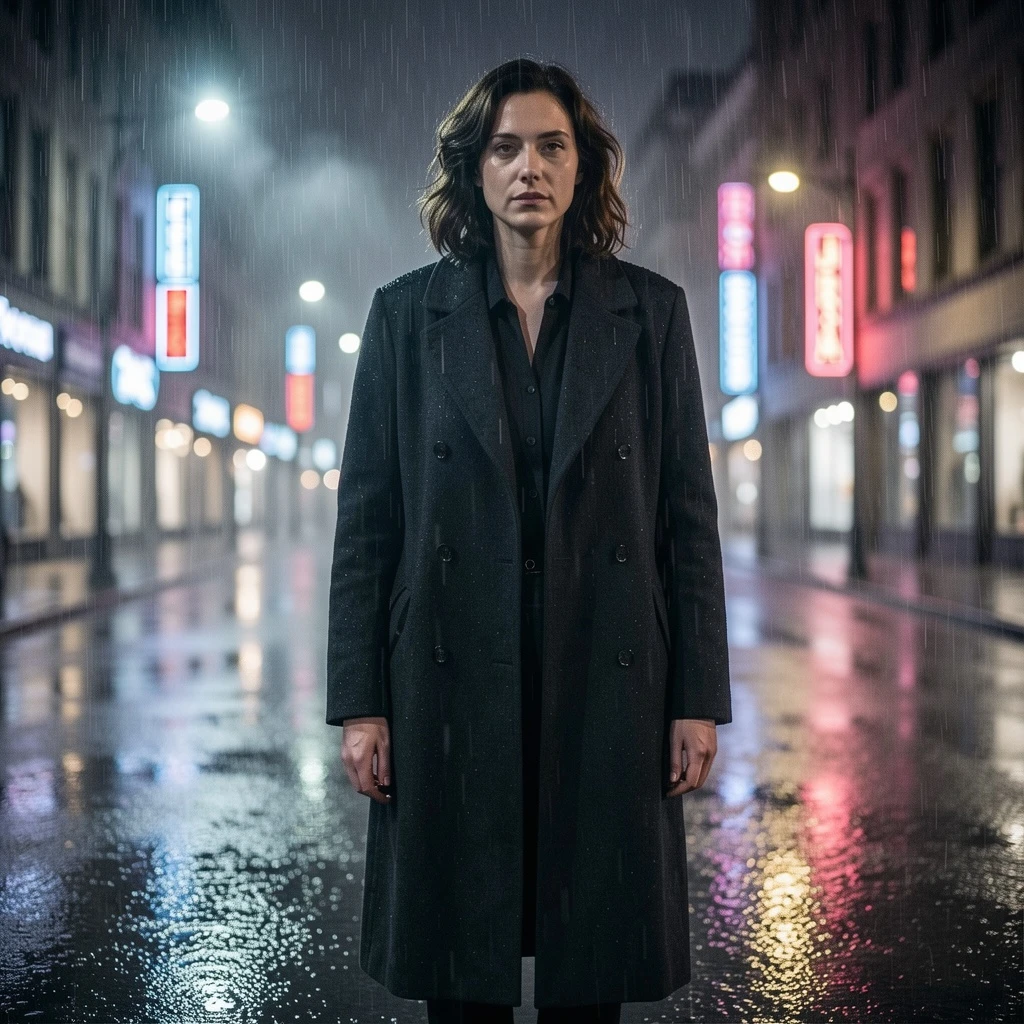Transform the scene into a rainy night city street. Preserve the same woman, face identity, pose, coat, camera angle, and composition. Add wet pavement reflections, soft neon bokeh lights, gentle rain, and subtle mist. Keep the lighting realistic and cinematic, no change to the subject's face or body.