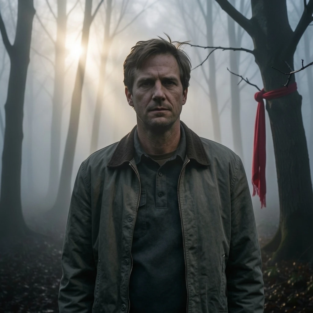 Change the forest into a misty mystery scene at dawn. Preserve the same man, face, pose, outfit, camera angle, and composition. Add dense fog, darker trees, soft beams of light, and a red scarf tied to a tree branch in the background as a subtle story clue. Keep the mood suspenseful but realistic.