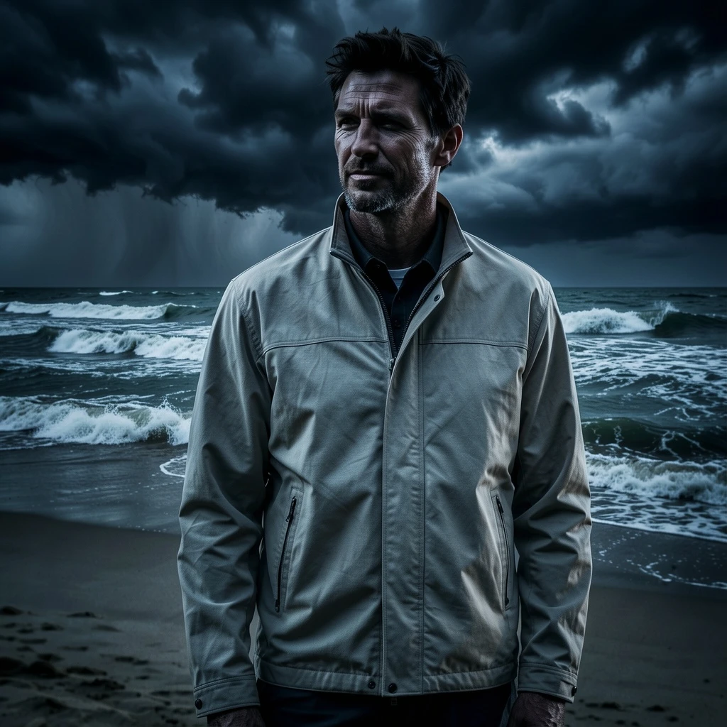 Change the atmosphere into the moment before a storm. Preserve the same man, face, pose, outfit, beach layout, camera angle, and composition. Add dark dramatic clouds, stronger wind, rougher ocean waves, and cooler cinematic lighting. Keep the subject realistic and stable.