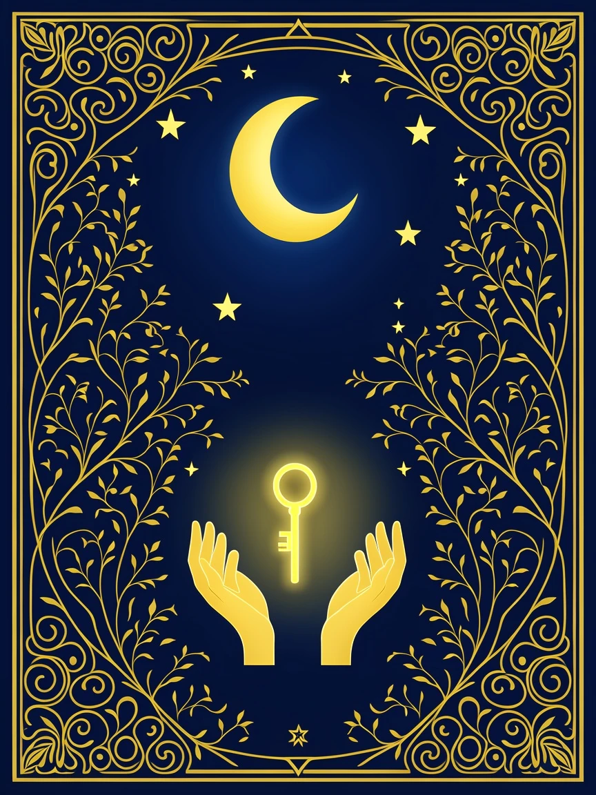 Create a mystical vector tarot card illustration of a moonlit garden, crescent moon, two hands holding a glowing key, stars, vines, symmetrical composition, ornate border, flat vector shapes, elegant gold and deep navy palette, no text