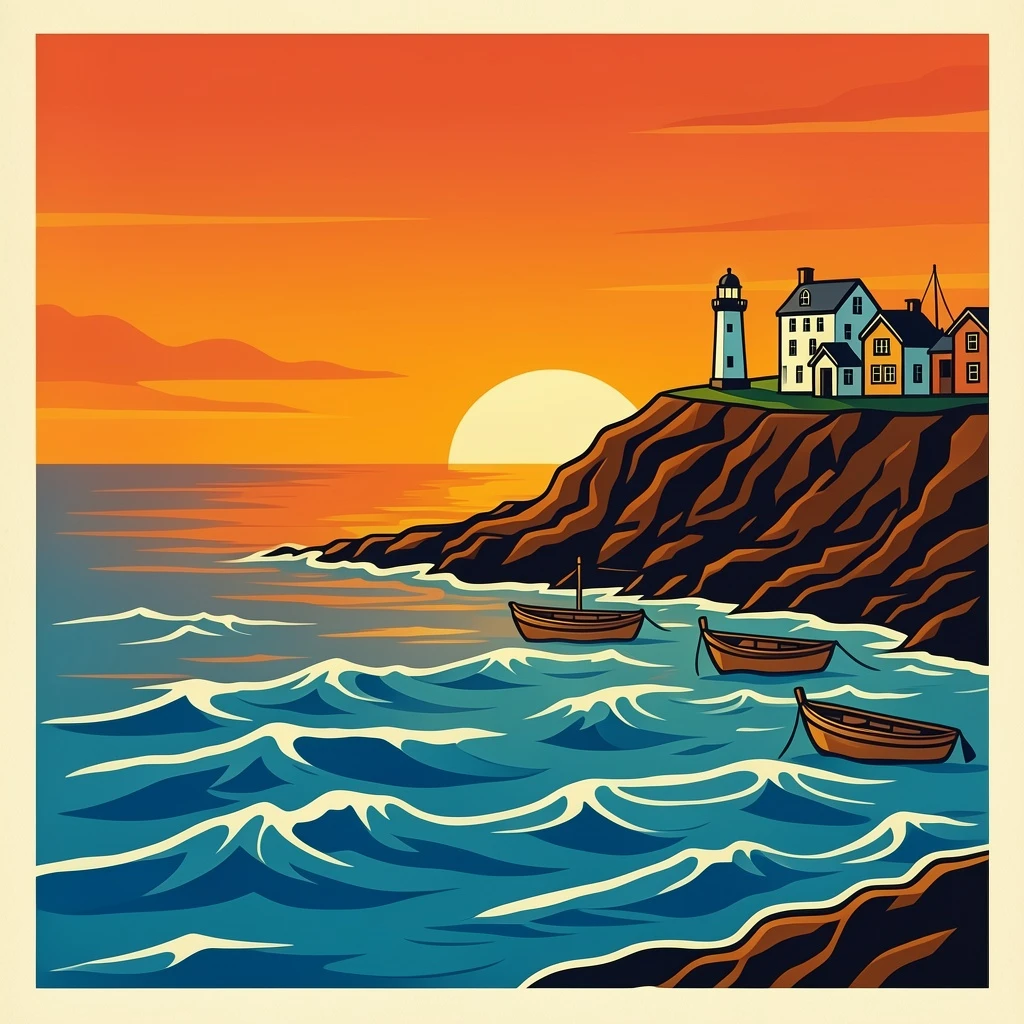 Create a vintage vector travel poster of a quiet coastal town at sunset, lighthouse on a cliff, small fishing boats, rolling ocean waves, warm retro color palette, bold simplified shapes, screen-print poster style, crisp SVG edges, no text