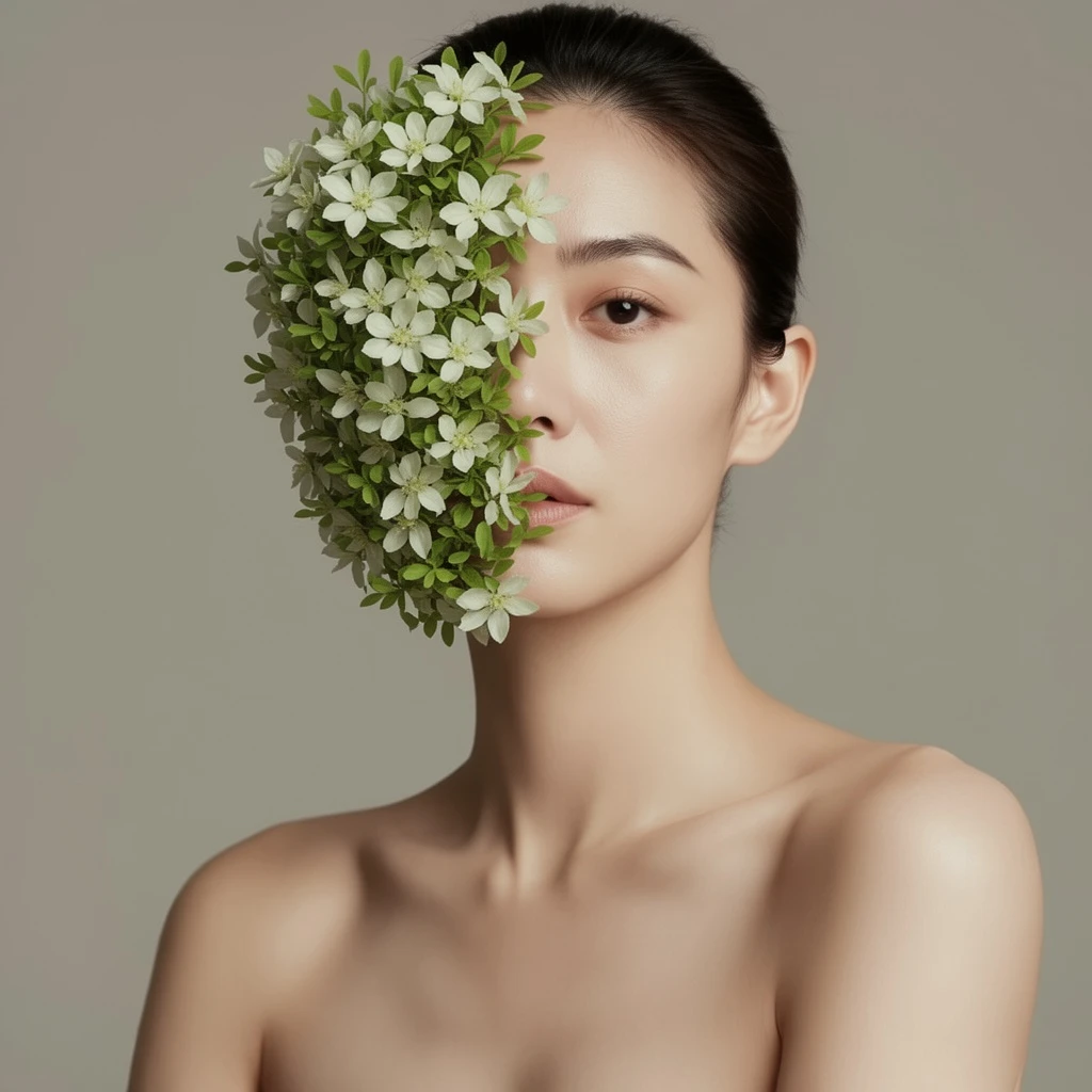 Cover the left side of her face with delicate fresh flowers and small green leaves, as if naturally growing across her skin. Preserve the right side of her face, identity, expression, lighting, pose, and background. The flowers should look realistic, detailed, and softly integrated with natural shadows. High-end surreal beauty editorial style.