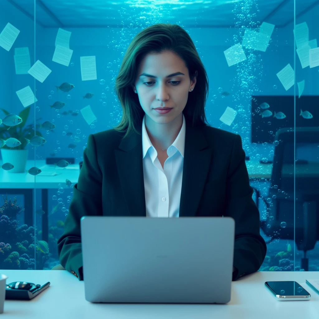 Transform the office environment into an underwater office, with blue filtered light, floating papers, slow air bubbles, and fish swimming outside the glass walls. Preserve the woman, face identity, outfit, seated pose, desk position, and camera angle. Make the scene surreal but photorealistic, with believable underwater lighting and reflections.