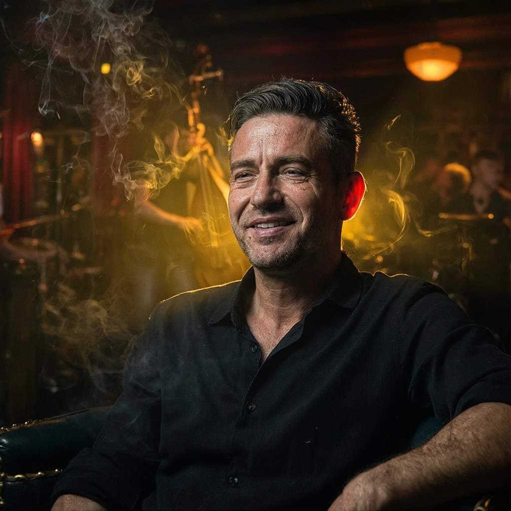 A cinematic portrait of a charismatic man in his 40s, sitting in a dimly lit jazz club. Dramatic Rembrandt lighting casts strong shadows across his face, highlighting his rugged features. Volumetric cigarette smoke hangs in the air, catching golden light rays. A warm glow from behind illuminates the edges of his ears (subsurface scattering effect). Moody atmosphere, shallow depth of field, shot on Kodak Portra 800 film, rich colors, masterpiece.