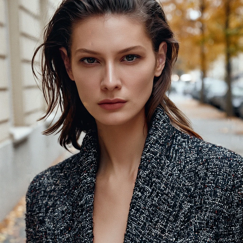 A high-fashion editorial portrait from a magazine. A striking model with unique facial features poses outdoors in a textured tweed jacket. Film photography aesthetic, natural analog grain, muted but rich color palette. The focus is razor-sharp on her eyes, with a beautiful, soft bokeh background of an autumnal street. Elegant, sophisticated, natural pose, detailed fabric texture, Hasselblad medium format camera.