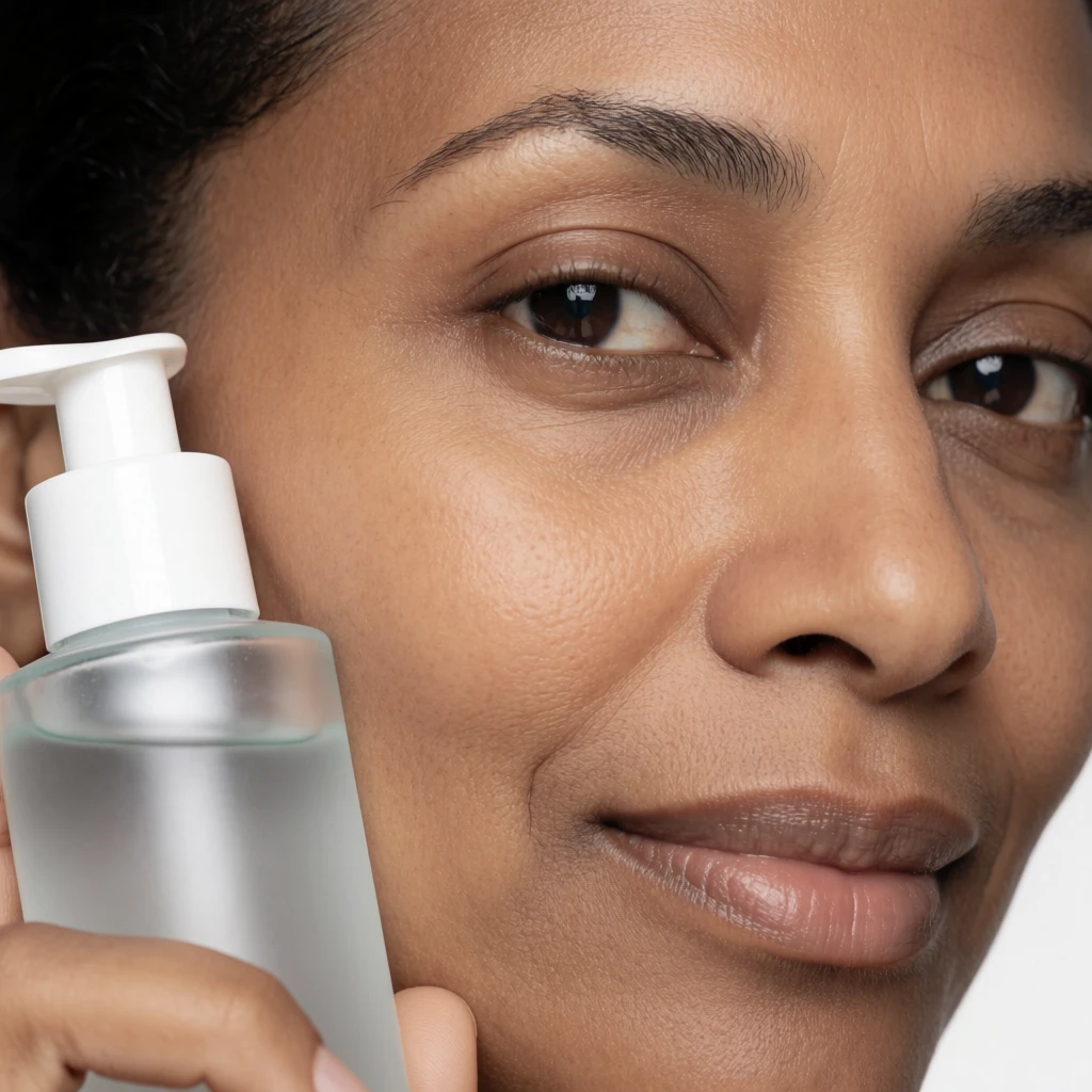 A photorealistic close-up beauty portrait of an adult woman with natural glowing skin, holding a skincare toner bottle near her cheek, soft eye contact with the camera, clean studio lighting, smooth but realistic skin texture, elegant commercial photography, shallow depth of field, high-end beauty ad style
