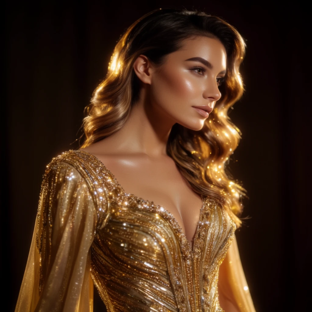 A dramatic luxury beauty portrait of an adult female model in a dark elegant background, soft golden rim light, glossy skin highlights, refined makeup, cinematic shadows, high-end skincare campaign style, photorealistic, ultra-detailed