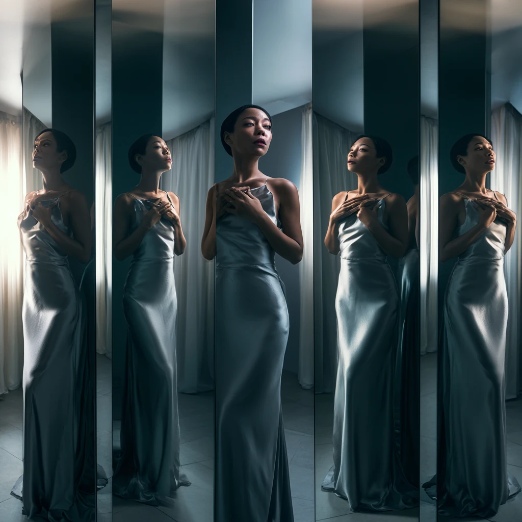 A photorealistic fashion portrait of an adult woman standing in a room filled with tall mirrors, wearing a silver satin dress, multiple reflections around her, soft studio lighting, elegant mysterious expression, luxury editorial photography, cinematic composition, ultra-detailed, no text
