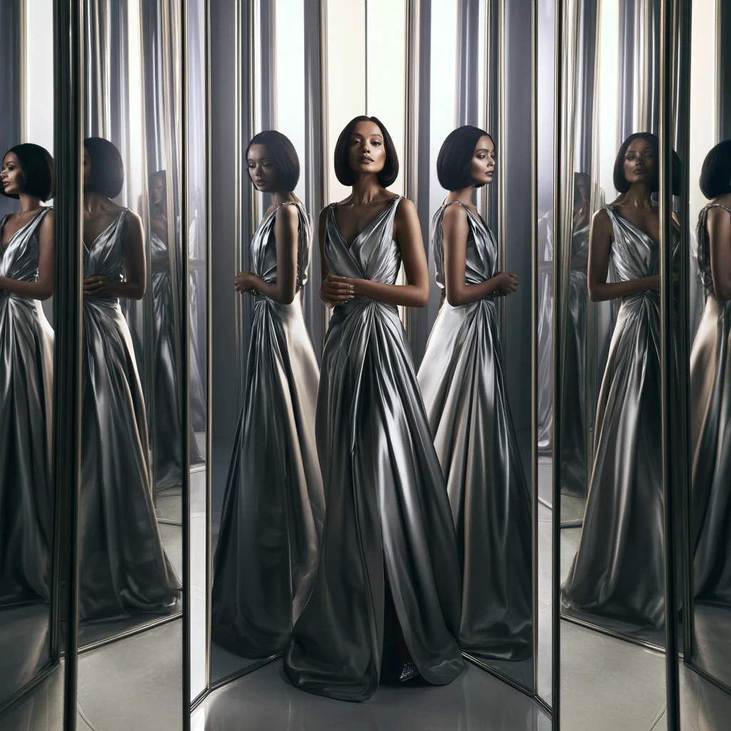 A photorealistic fashion portrait of an adult woman standing in a room filled with tall mirrors, wearing a silver satin dress, multiple reflections around her, soft studio lighting, elegant mysterious expression, luxury editorial photography, cinematic composition, ultra-detailed, no text