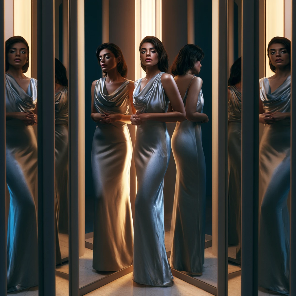 A photorealistic fashion portrait of an adult woman standing in a room filled with tall mirrors, wearing a silver satin dress, multiple reflections around her, soft studio lighting, elegant mysterious expression, luxury editorial photography, cinematic composition, ultra-detailed, no text