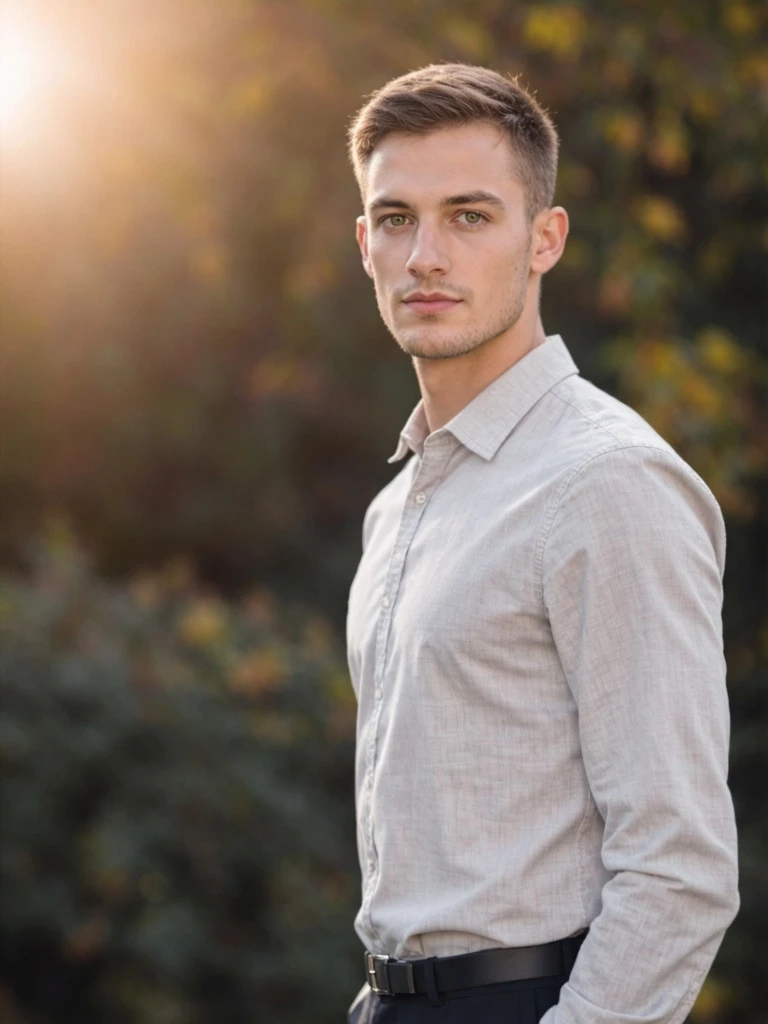 A photorealistic portrait of a handsome young man, captured with cinematic lighting and shallow depth of field, emphasizing natural skin texture and subtle facial details. He stands confidently in a softly lit outdoor setting, with blurred background foliage and warm golden-hour glow. His expression is calm yet engaging, eyes meeting the camera with a gentle intensity. He wears casual, well-fitted clothing—light-colored shirt and dark trousers—with natural posture and slight movement suggesting realism. Shot in 4K, high-resolution, with realistic lens flare and film grain for a professional, studio-quality aesthetic. Medium shot, eye-level framing, emphasizing his presence and charisma.