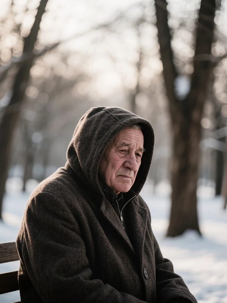 An old man sits alone in a quiet winter park, surrounded by snow-covered trees and bare branches under a pale, overcast sky. He wears a dark, warm coat with a hood, his face partially shadowed by the low-angle winter light, giving him a contemplative, slightly melancholic expression. The camera captures him in a medium shot from a slightly elevated angle, with shallow depth of field blurring the background into soft bokeh, emphasizing his presence. Natural, diffused lighting creates subtle highlights on his skin and clothing, evoking a cinematic, documentary-style photograph. The atmosphere is cold, serene, and introspective — a still moment frozen in time.