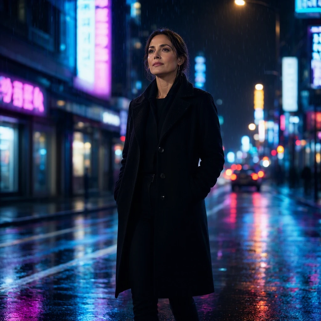 A cinematic movie still of an adult US woman standing alone on a rainy city street at night, wet pavement reflecting neon lights, long black coat, calm but emotional expression, soft bokeh background, realistic rain, shallow depth of field, dramatic cinematic lighting, photorealistic, no text