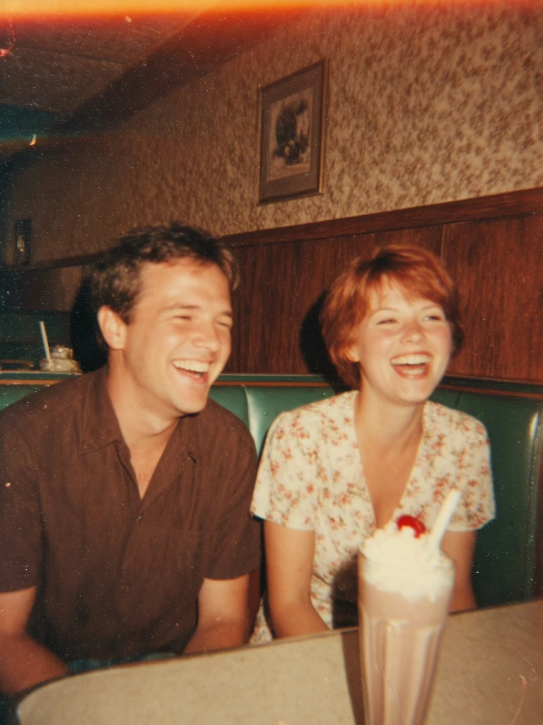 A vintage-style 35mm film photograph of a smiling couple sitting in a retro diner. Warm, golden indoor lighting. They are laughing, not looking at the camera. Flash photography aesthetic, slightly harsh shadow behind them, but the skin looks glowing and warm. Grainy, imperfect, nostalgic vibe. Details of the retro leather seats and milkshake on the table. Candid moment, pure joy.