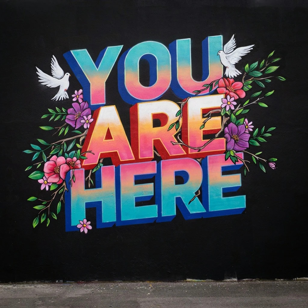 A bold urban mural, "YOU ARE HERE" in oversized 3D block letters, glowing sunset gradient with turquoise accents, surrounded by blooming flowers, doves, and leafy branches flowing outward from the text, photorealistic exterior wall, mural paint texture, positive reflective message, energetic public art style