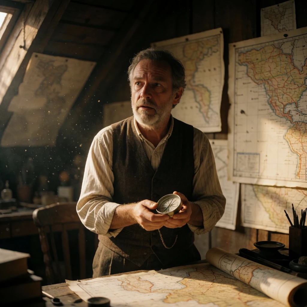 A cinematic film still of a foreign adult mapmaker standing in a dim attic room, surrounded by hand-drawn maps pinned to the walls, holding a compass that points toward an impossible direction, dust floating in warm afternoon light, expression of confusion and discovery, realistic movie photography, 35mm lens, atmospheric composition, ultra-detailed, no text