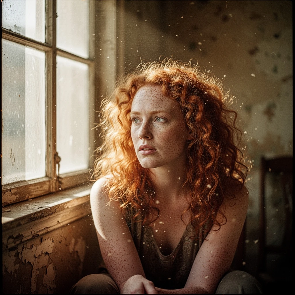 A cinematic portrait of a woman with freckles and wild, curly red hair, sitting by a window in an old, sunlit room. Dust motes dance in the light rays. She is looking off-camera with a contemplative expression. Warm color grading, shallow depth of field, shot on Kodak Portra 400.