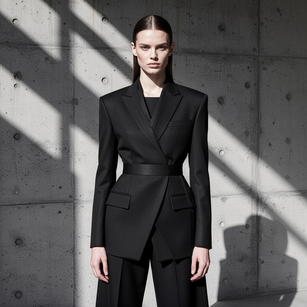 A minimalist fashion editorial shot of a model in a structured, avant-garde black outfit against a stark concrete wall. Strong architectural shadows cast across the scene. Neutral expression, slicked-back hair. High contrast, sharp focus, monochrome photography.