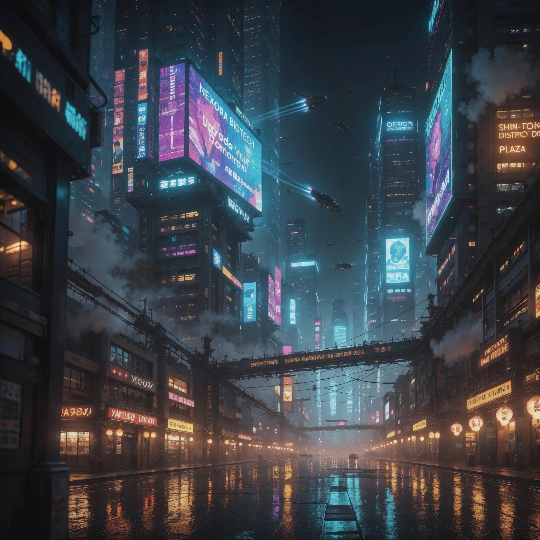 A futuristic cyberpunk megacity at night, towering skyscrapers covered with holographic advertisements, flying vehicles, wet streets reflecting neon lights, dense atmosphere, cinematic lighting, ultra detailed, realistic, 35mm photography, high contrast, volumetric fog, 16:9
