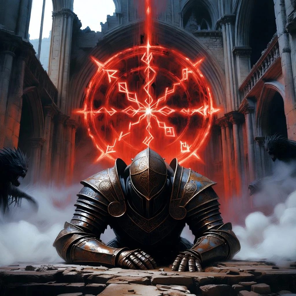 Dark fantasy concept art. A fallen knight in rusted, ornate armor kneeling in a ruined gothic cathedral. A massive, glowing red rune floats in the air above him. Fog rolls across the floor. Dramatic, high-contrast lighting. Shadows hide terrifying creatures in the corners. Oil painting texture, intricate details, cinematic composition, gloomy atmosphere.