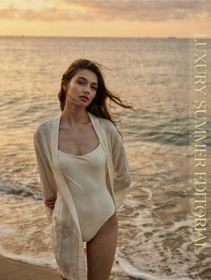A young foreign woman in an elegant one-piece swimsuit standing on a quiet beach at sunset, soft golden light, gentle ocean waves, wind moving her hair and a light sheer cover-up, poised and natural posture, cinematic fashion editorial photography, refined composition, luxurious summer atmosphere, tasteful and artistic, high-end magazine style, realistic skin texture, soft shadows