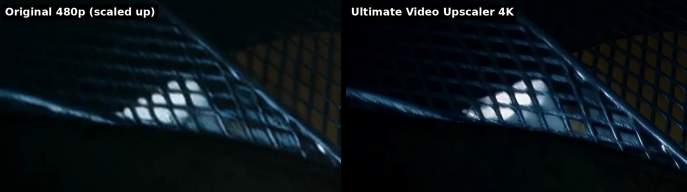 The metal stair mesh before and after upscaling to 4K
