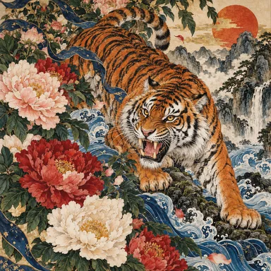 Tiger and peonies