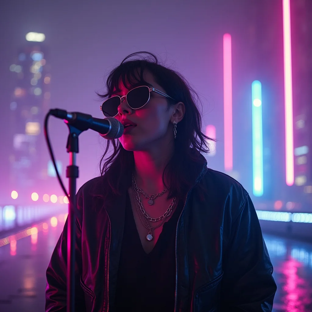 Synthwave AI singing video by @synth.wave — Cyberpunk synthwave artist performing on a neon-rain rooftop