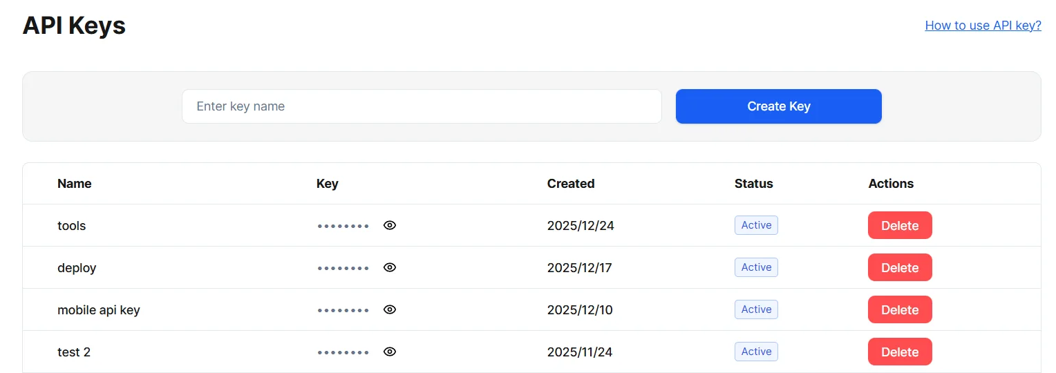 API Keys Page
